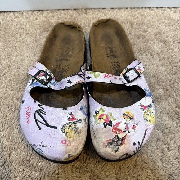 Birki's Shoes - Birki's Shoes Womens Size 6.5 Purple Retro Floral Clog Sandals Buckle Comfort